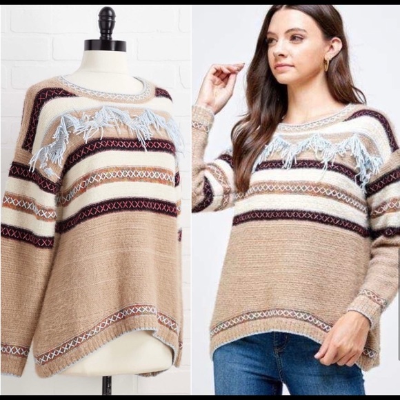 NWT! Clearance 🍒Tribal Style Tassel Trim Fringe Border SOFT Warm Cozy Sweater - Picture 8 of 11